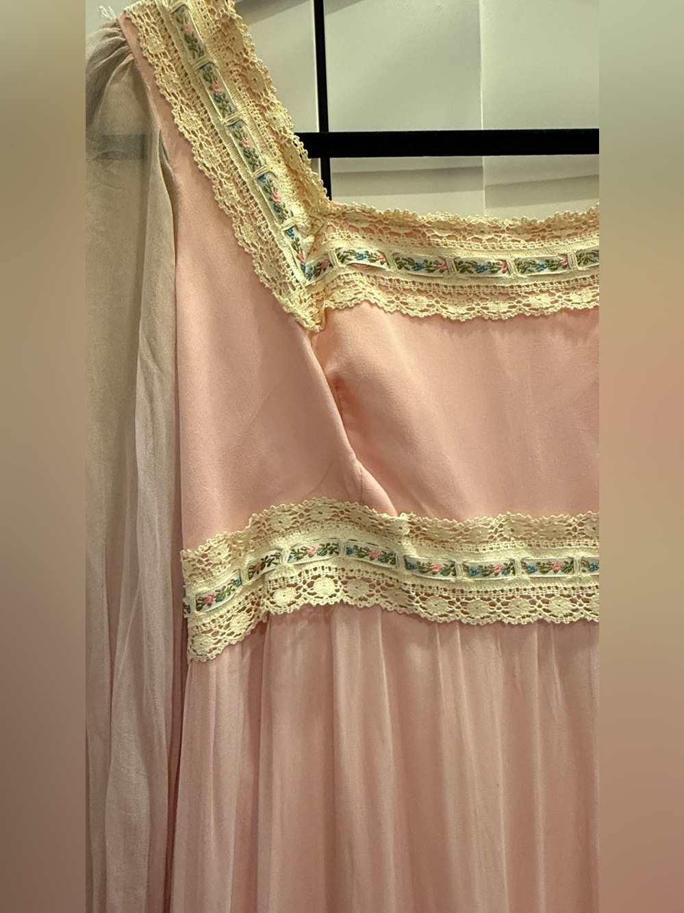 Vintage 1970s Pink Chiffon Prairie Maxi Dress Gown Ribbons Lace Trim XS S Boho - Picture 4 of 17